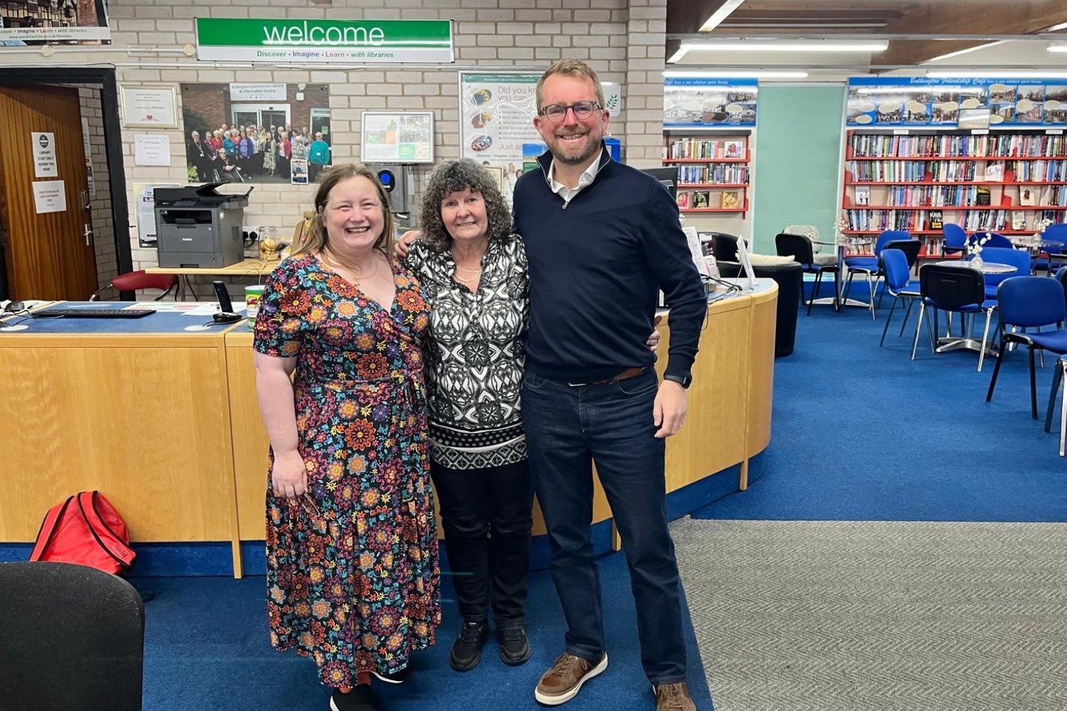 John at Bulkington Library with staff and visitors